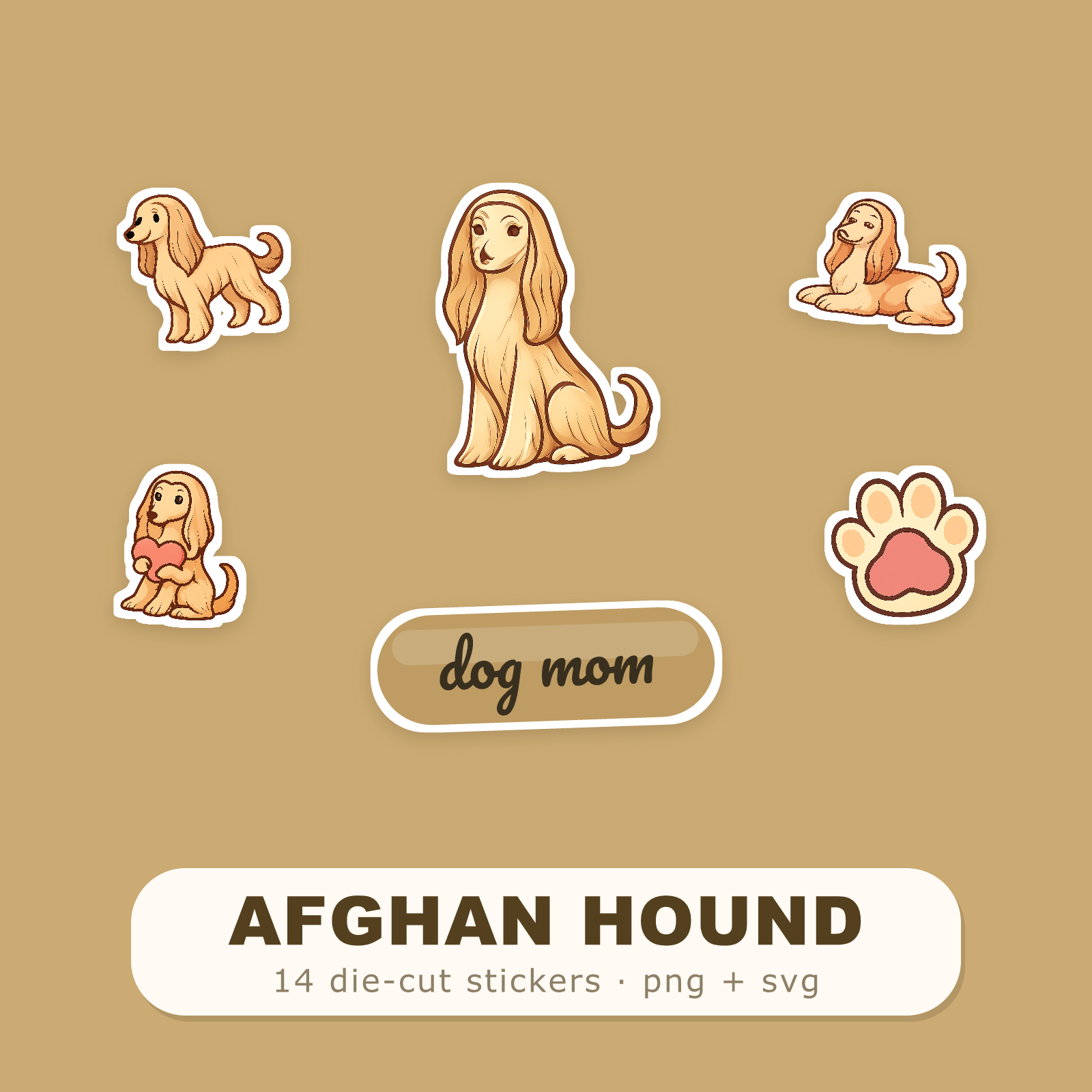 Afghan Hound Kawaii Sticker Pack — Dog Mom Die-Cut Stickers (PNG + SVG, Commercial Use)