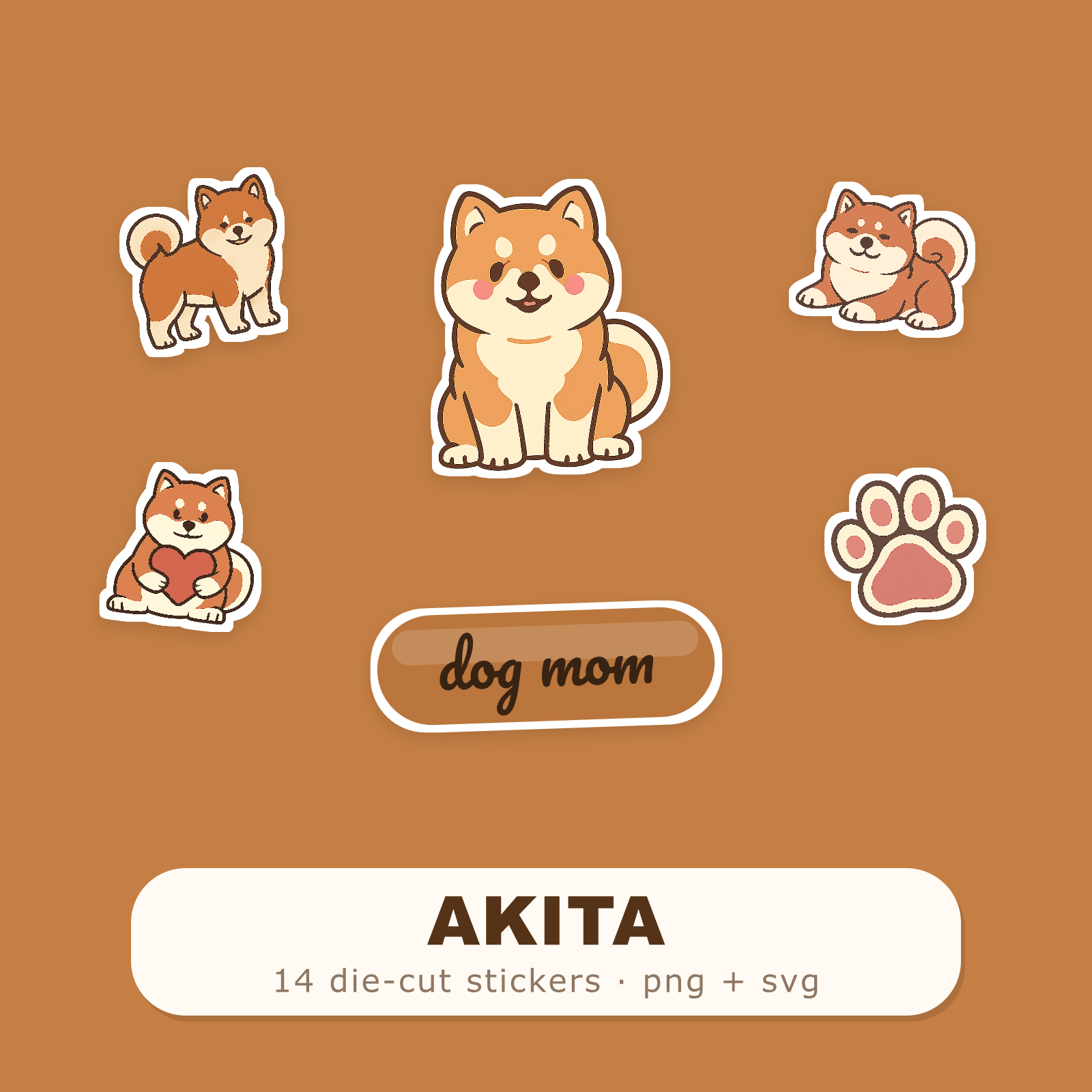 Akita Kawaii Sticker Pack — Dog Mom Die-Cut Stickers (PNG + SVG, Commercial Use)