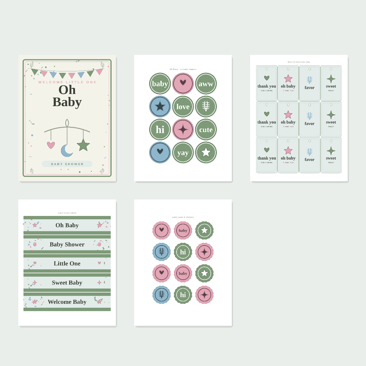 Baby Shower Printables Set — Cupcake Toppers, Favor Tags, Labels & Welcome Sign (Printable PDF + SVG) preview 3