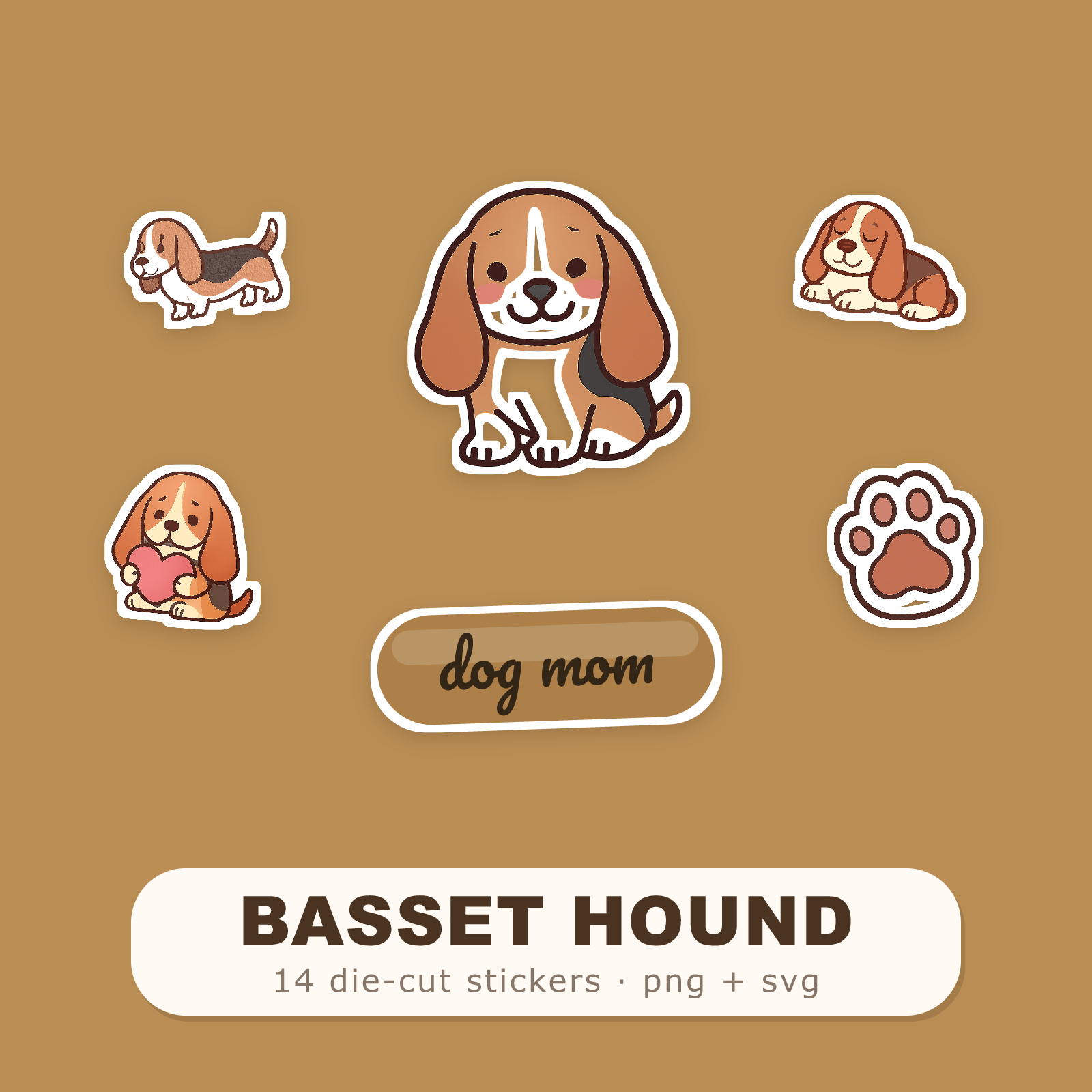 Basset Hound Kawaii Sticker Pack — Dog Mom Die-Cut Stickers (PNG + SVG, Commercial Use)