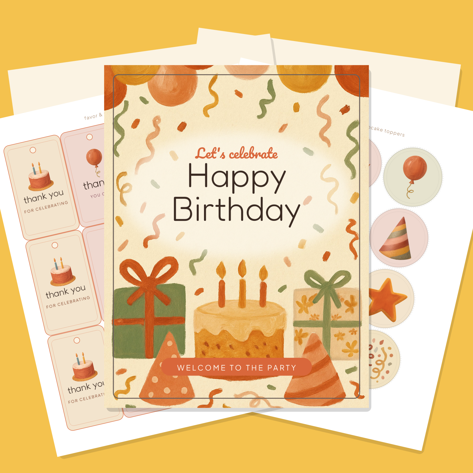 Birthday Party Printables — Hand-Painted Gouache (Invitation, Banner, Cupcake Toppers, Tags, Labels & Welcome Sign) — Printable PDF + SVG