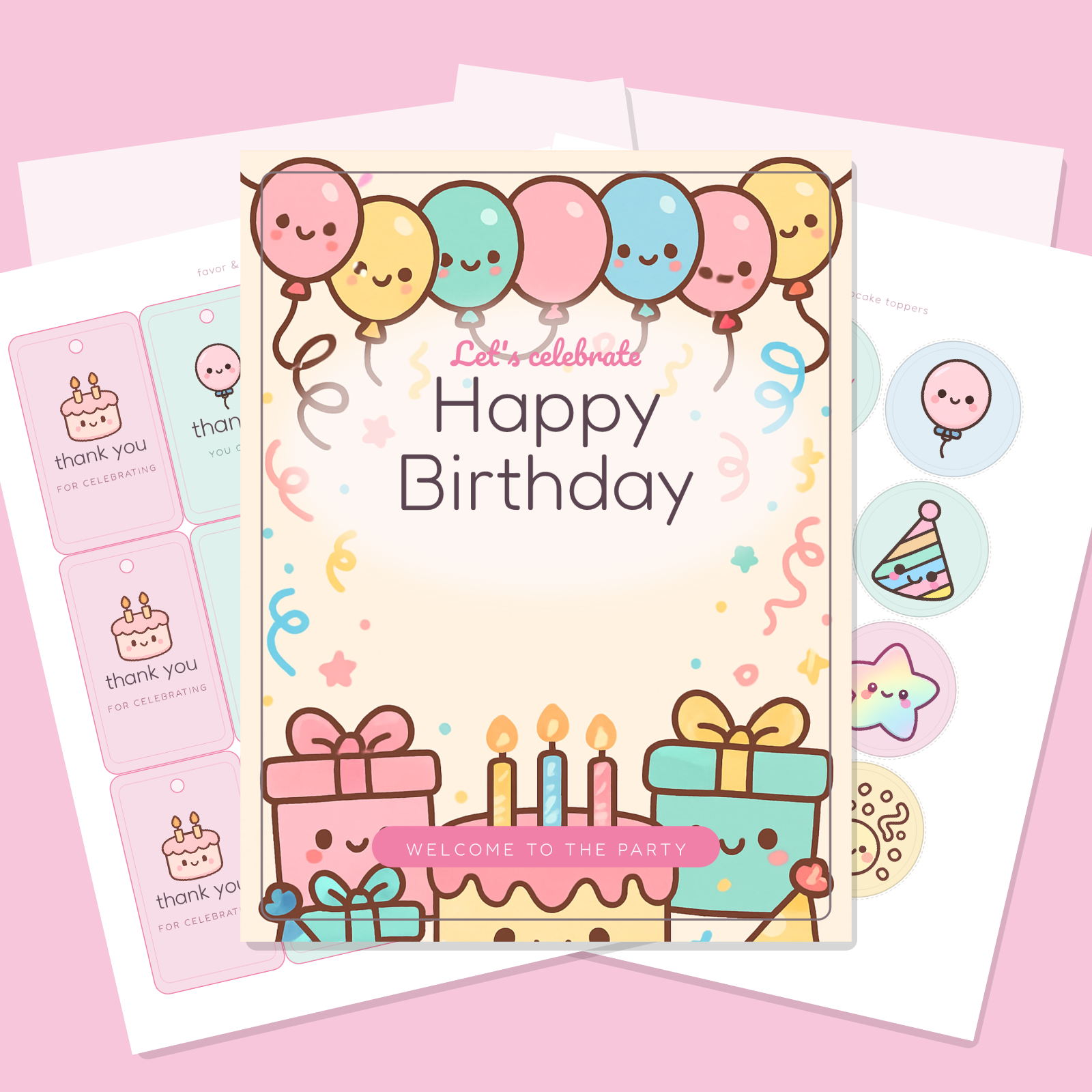 Birthday Party Printables — Cute Kawaii (Invitation, Banner, Cupcake Toppers, Tags, Labels & Welcome Sign) — Printable PDF + SVG