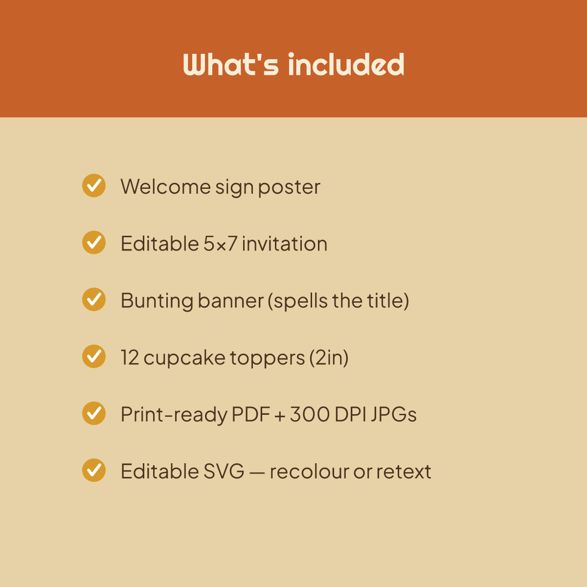 Birthday Party Printables — Retro 70s (Invitation, Banner, Cupcake Toppers, Tags, Labels & Welcome Sign) — Printable PDF + SVG preview 5