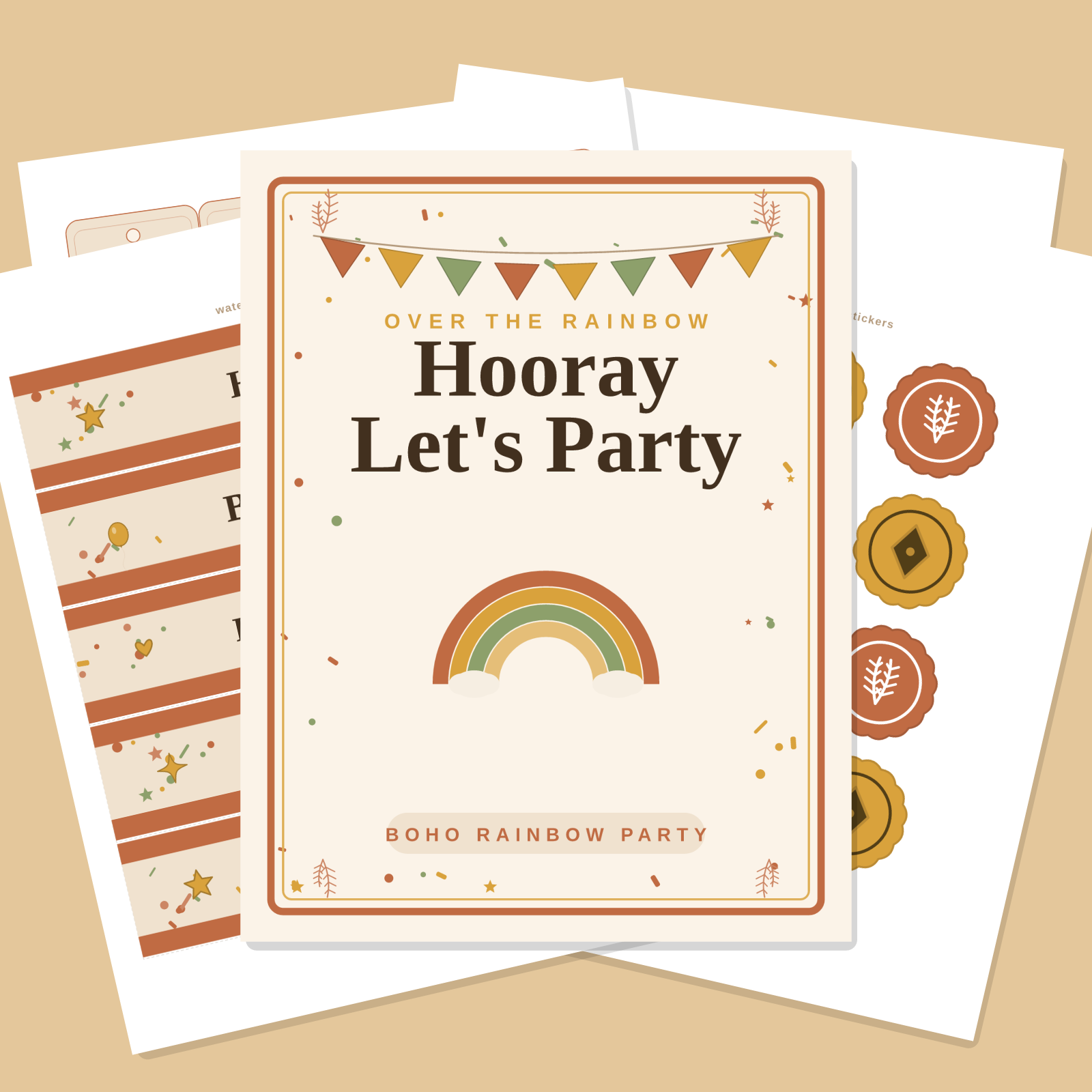 Boho Rainbow Party Printables Set — Cupcake Toppers, Favor Tags, Labels & Welcome Sign (Printable PDF + SVG)