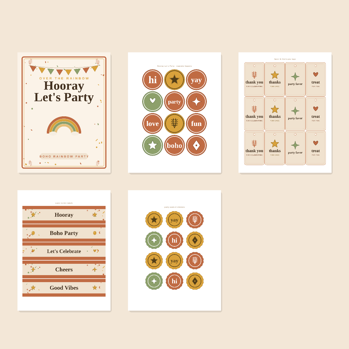 Boho Rainbow Party Printables Set — Cupcake Toppers, Favor Tags, Labels & Welcome Sign (Printable PDF + SVG) preview 3