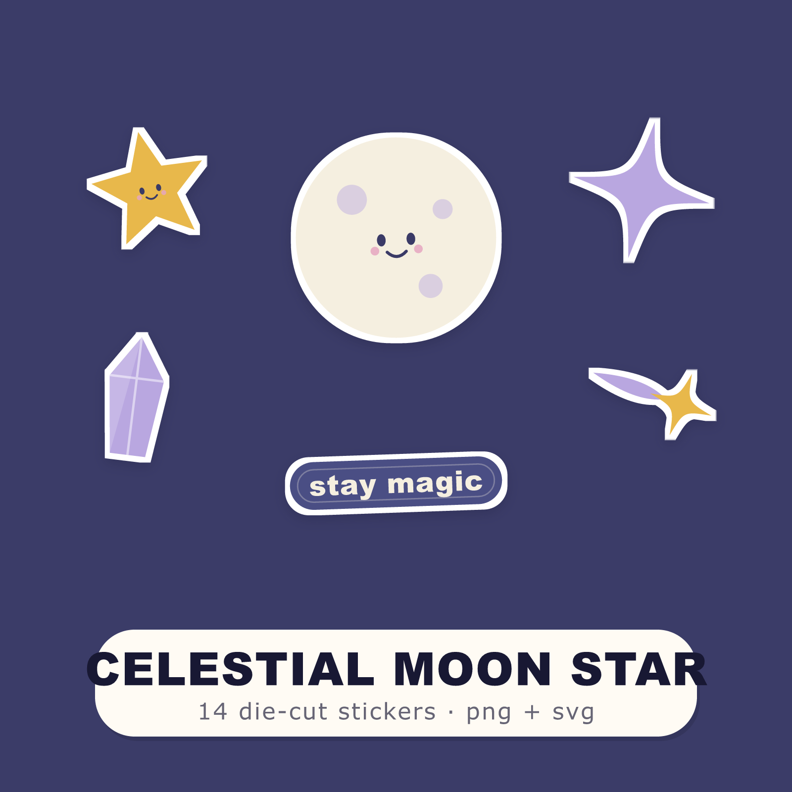Celestial Sticker Pack — 14 Die-Cut Moon, Star & Crystal Stickers (PNG + SVG, Commercial Use)