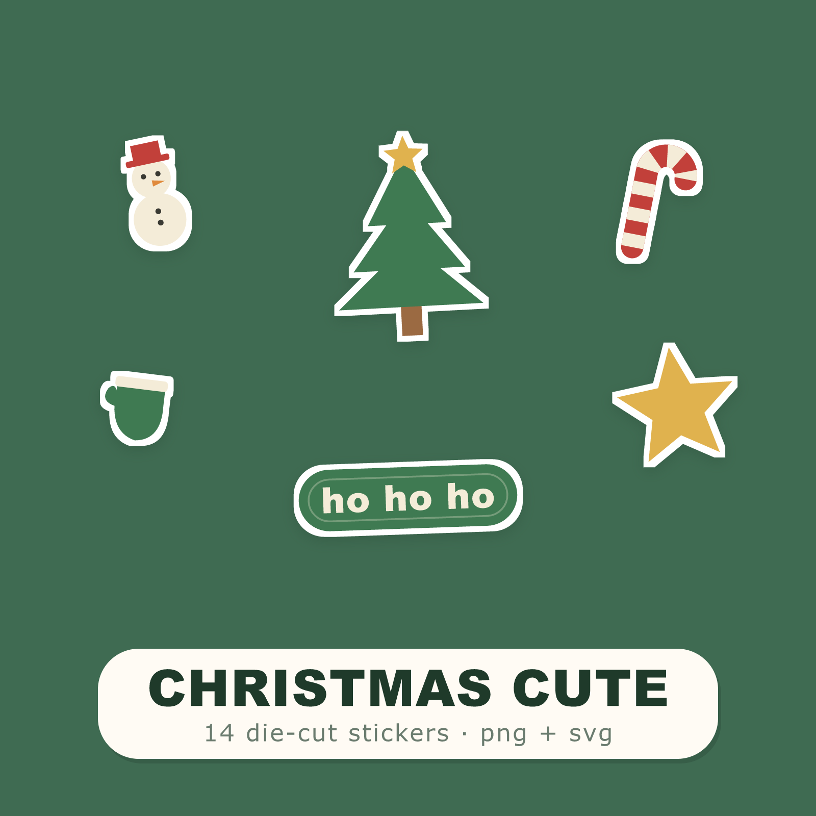 Christmas Sticker Pack — 14 Die-Cut Tree, Snowman & Gingerbread Stickers (PNG + SVG, Commercial Use)
