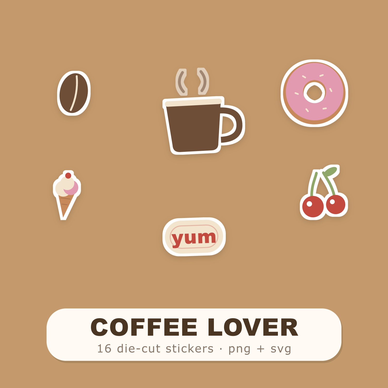 Coffee Lover Sticker Pack — 16 Die-Cut Coffee, Croissant & Cafe Stickers (PNG + SVG, Commercial Use)