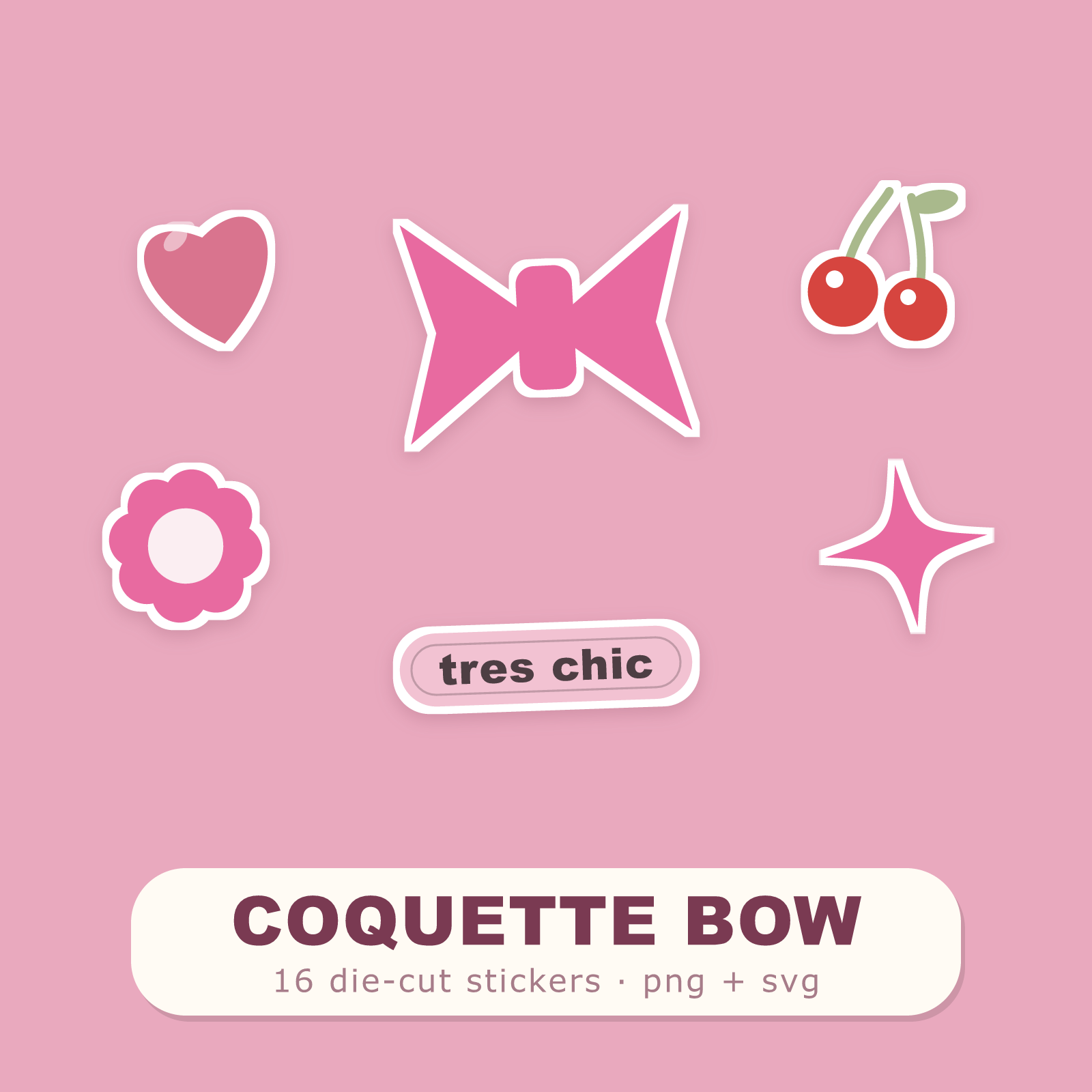 Coquette Sticker Pack — 16 Die-Cut Bow, Heart & Strawberry Stickers (PNG + SVG, Commercial Use)