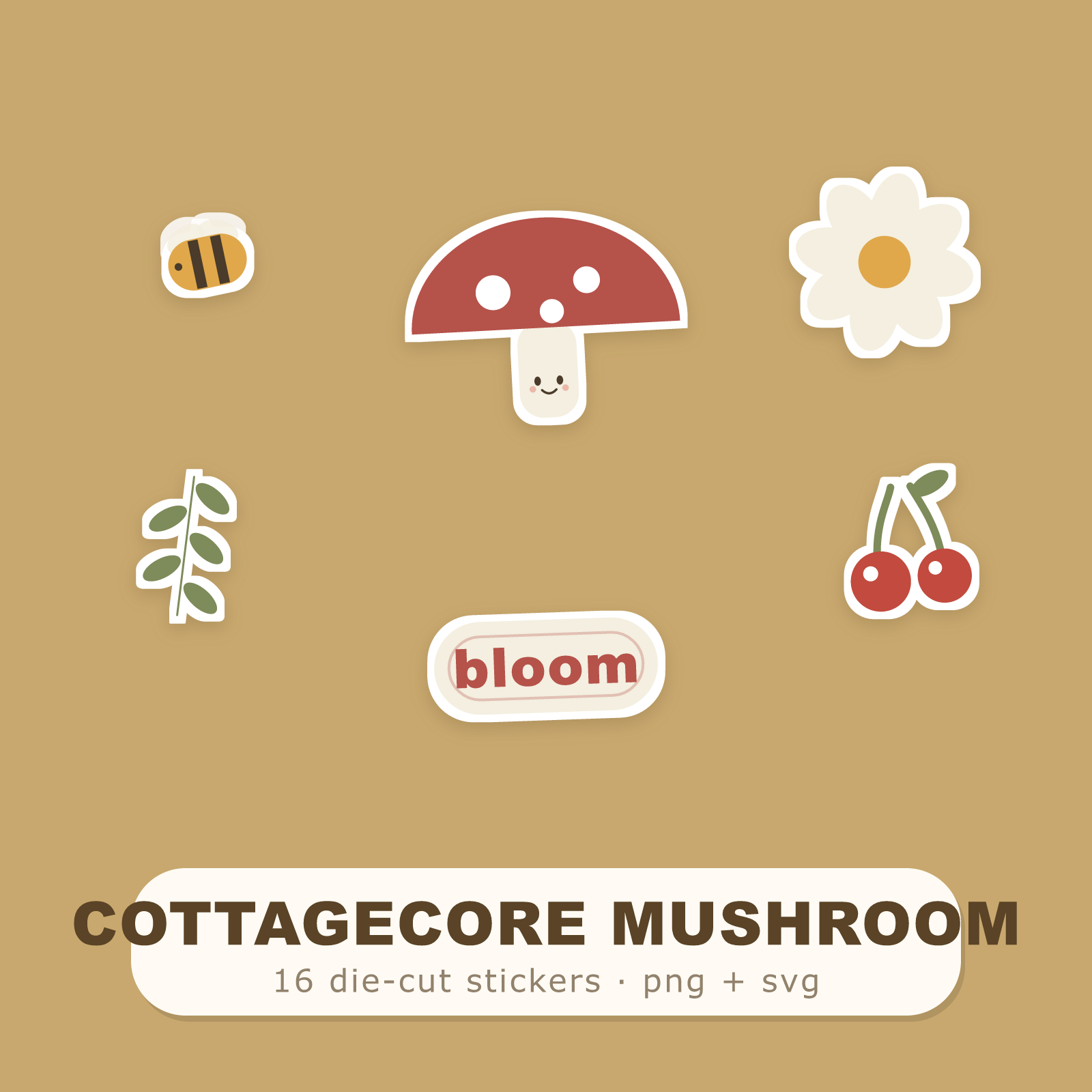 Cottagecore Sticker Pack — 16 Die-Cut Mushroom, Bee & Wildflower Stickers (PNG + SVG, Commercial Use)