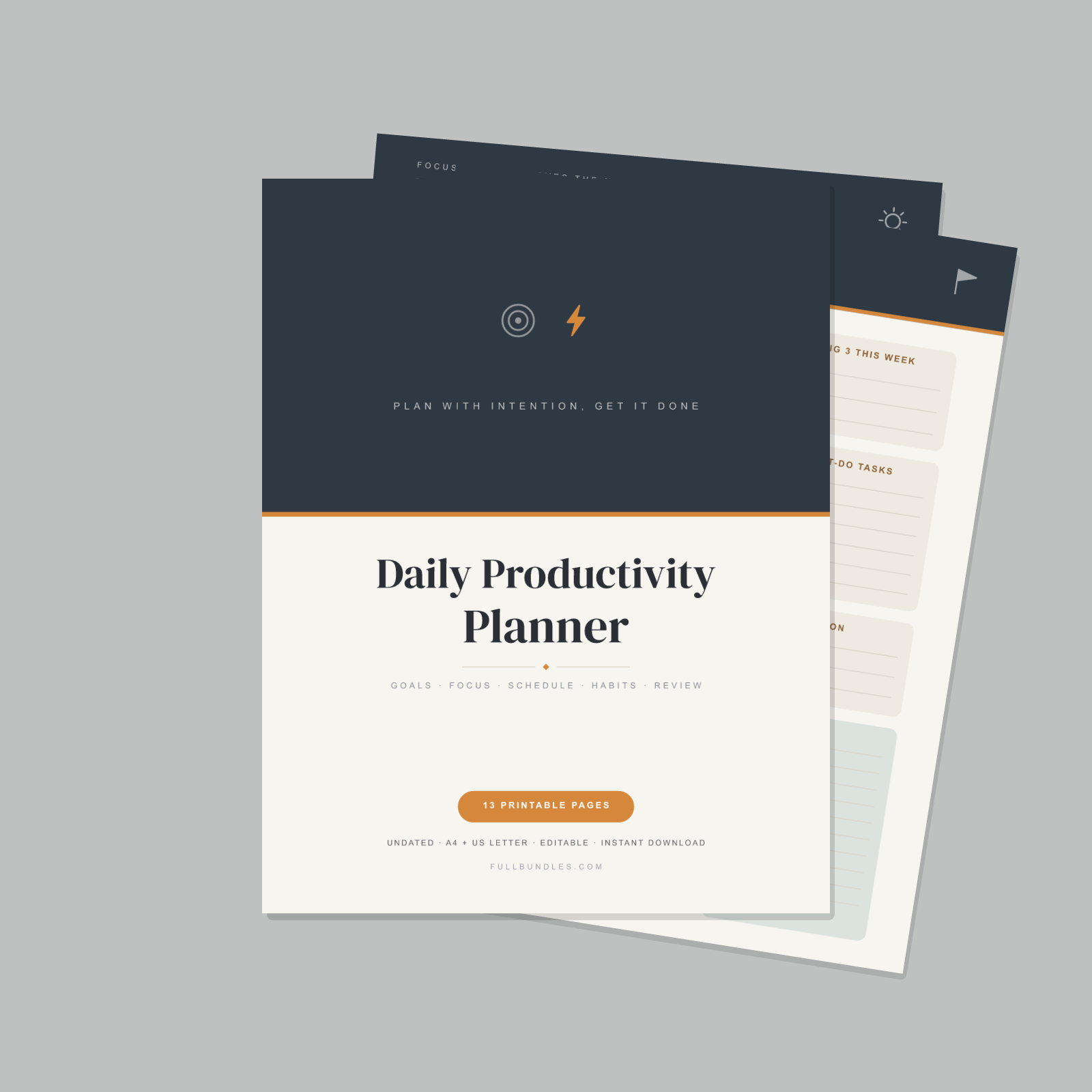 Daily Productivity Planner — 13 Printable Pages (Goals, 90-Day, Weekly, Daily, Priority Matrix, Habits + Review · A4 + US Letter PDF + SVG)
