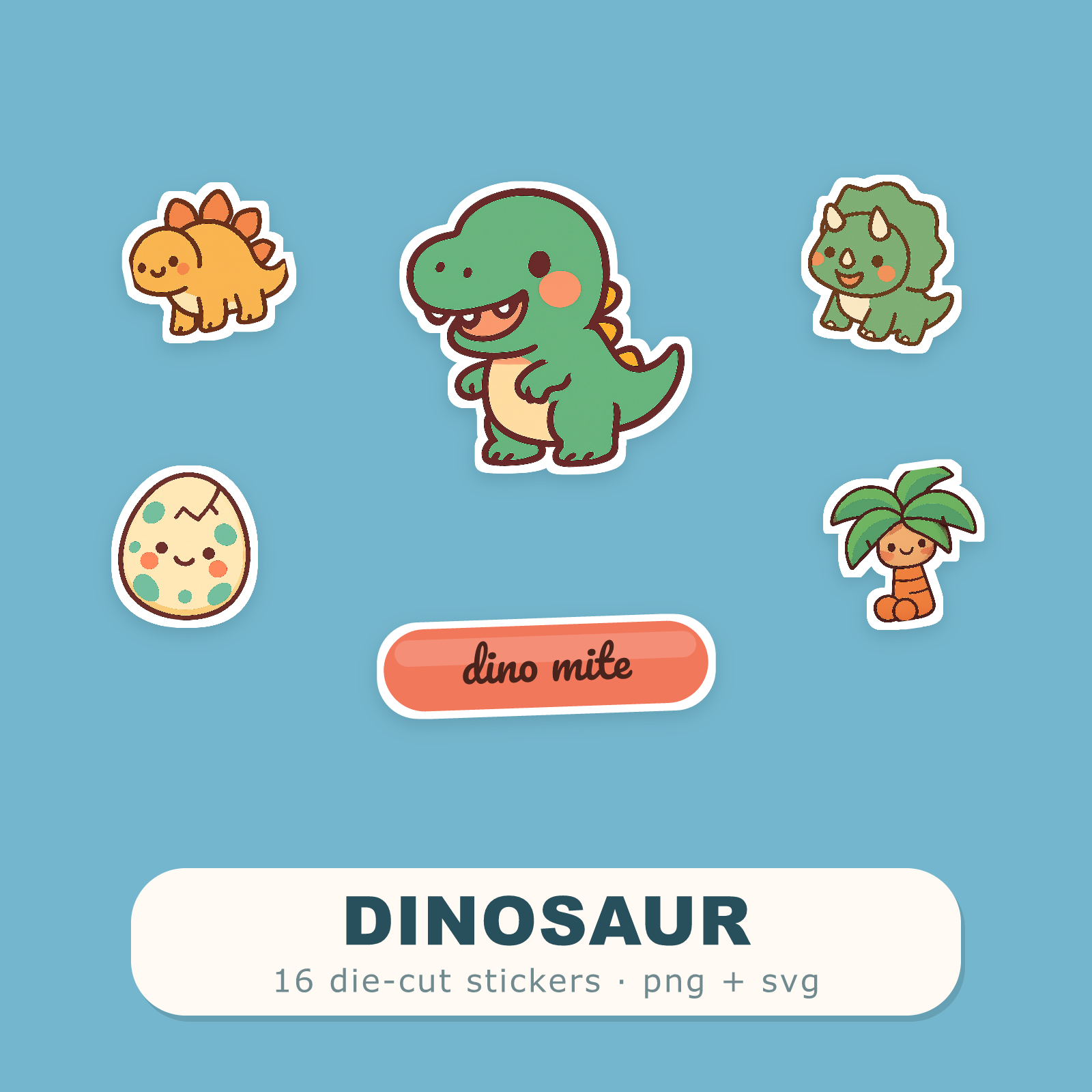 Dinosaur Sticker Pack — 16 Die-Cut Kawaii T-Rex, Stegosaurus, Triceratops & Brontosaurus Stickers (PNG + SVG, Commercial Use)