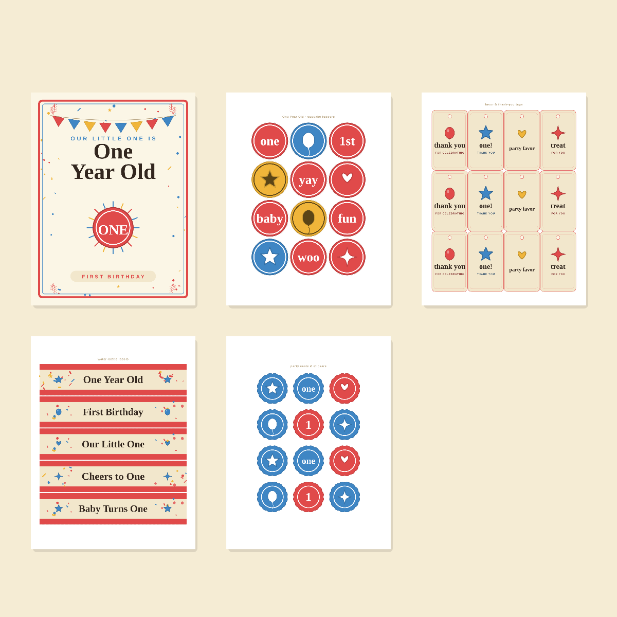First Birthday Printables Set — Cupcake Toppers, Favor Tags, Labels & Welcome Sign (Printable PDF + SVG) preview 3