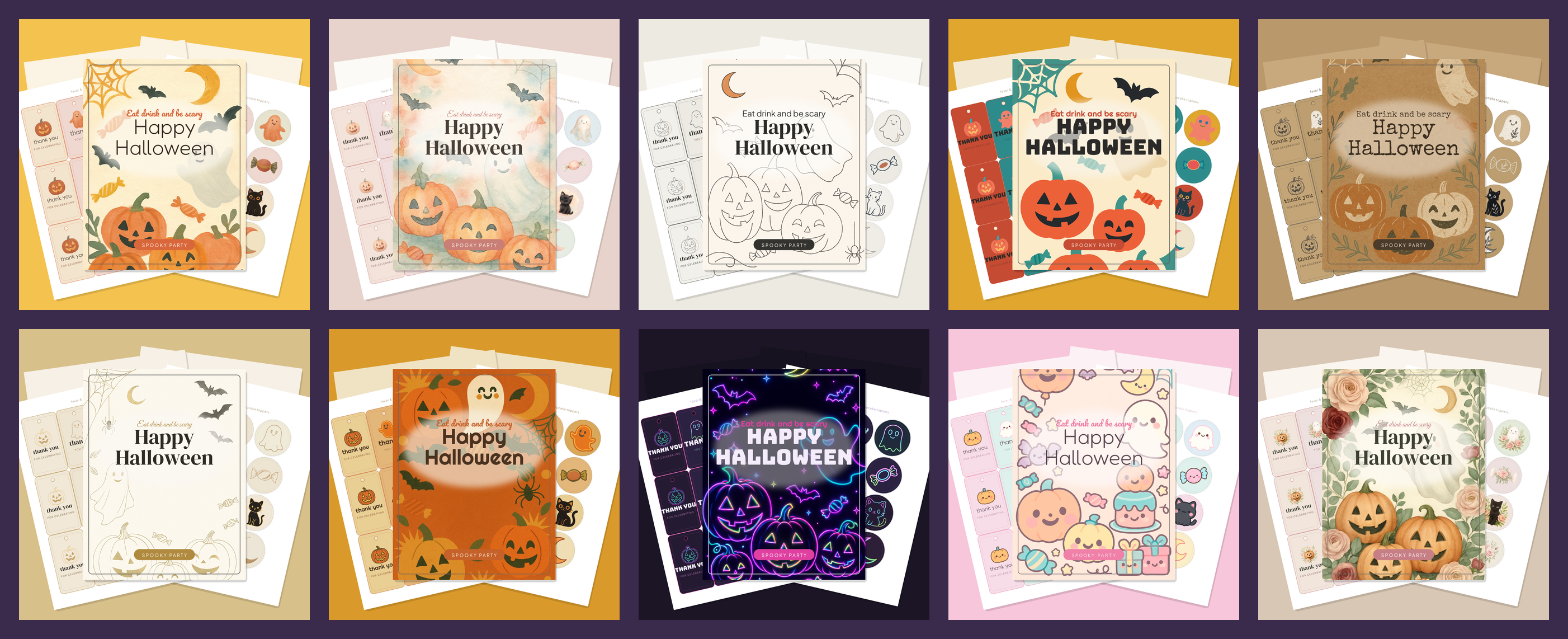 Halloween Party Printables Mega-Bundle — All 10 Art Styles (70 Sheets: Invitations, Banners, Toppers, Tags & More) — PDF + SVG
