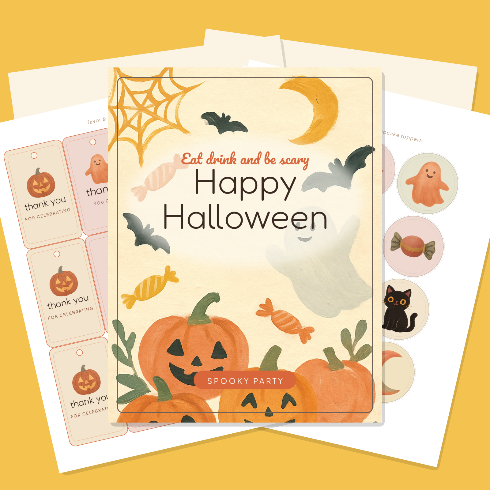 Halloween Party Printables — Hand-Painted Gouache (Invitation, Banner, Cupcake Toppers, Tags, Labels & Welcome Sign) — Printable PDF + SVG