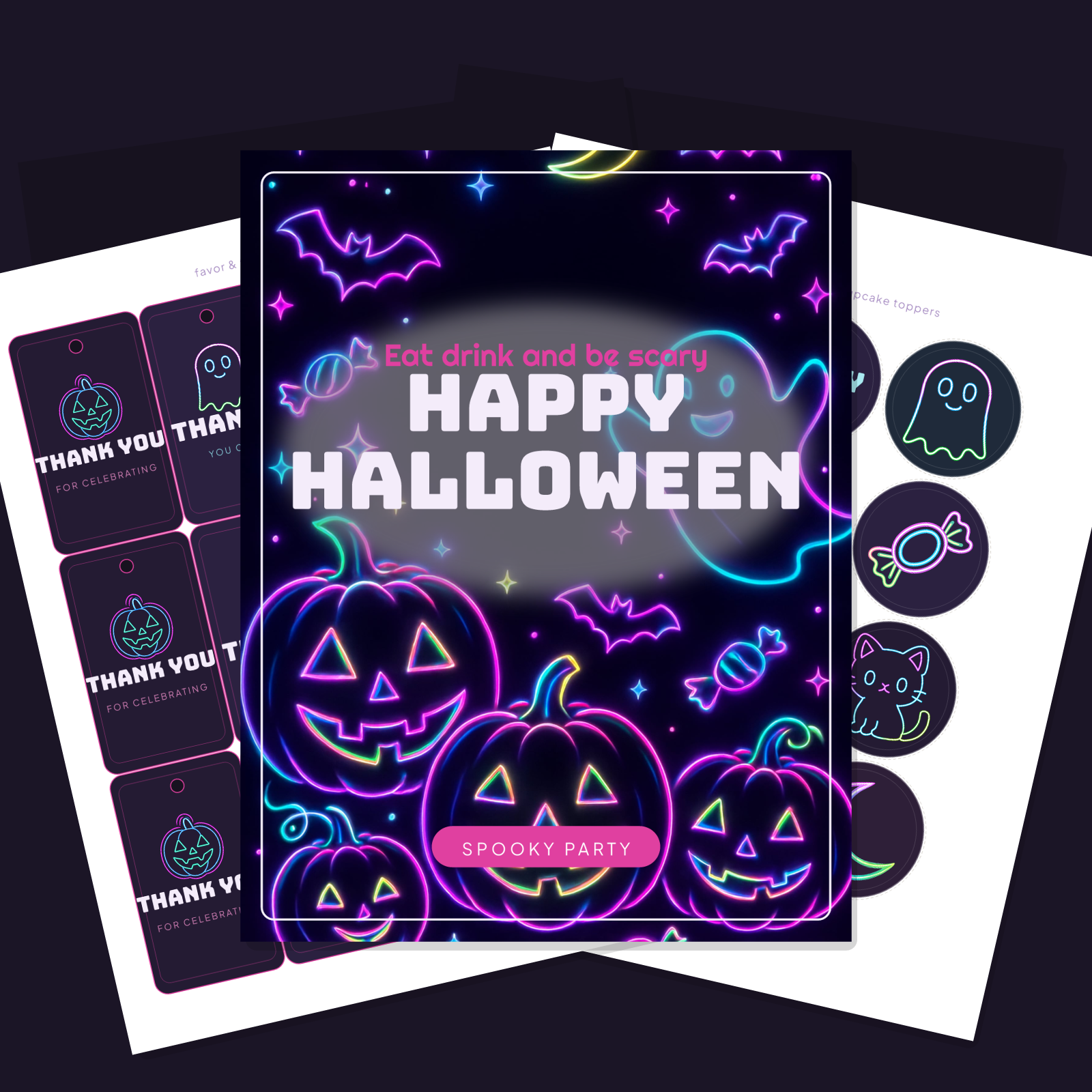 Halloween Party Printables — Neon Y2K (Invitation, Banner, Cupcake Toppers, Tags, Labels & Welcome Sign) — Printable PDF + SVG