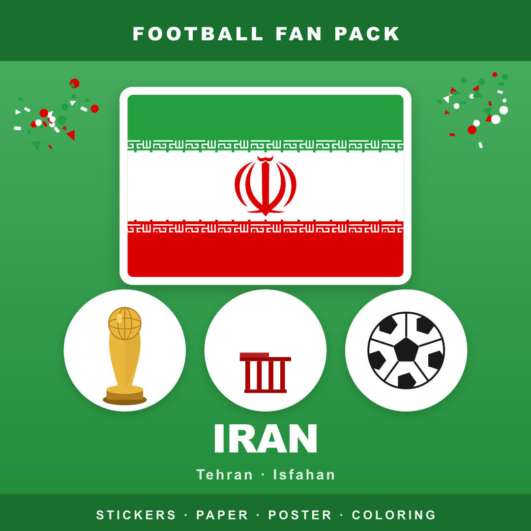 Iran Football Fan Pack — Stickers, Digital Paper, Poster & Coloring Page