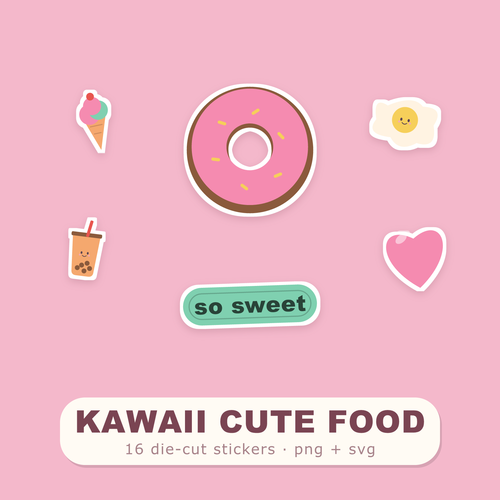 Kawaii Food Sticker Pack — 16 Die-Cut Cute Food Stickers (Donut, Boba, Avocado · PNG + SVG, Commercial Use)