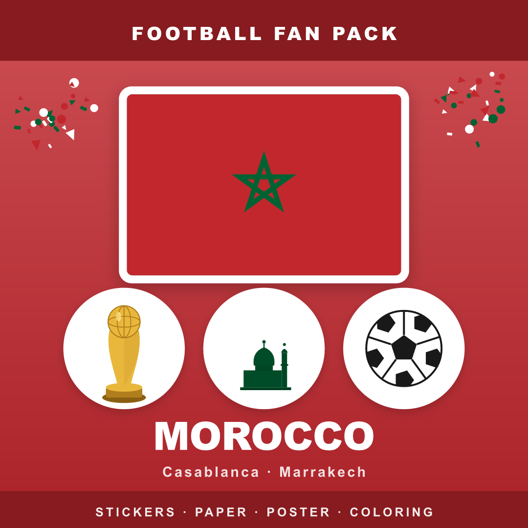 Morocco Football Fan Pack — Stickers, Digital Paper, Poster & Coloring Page