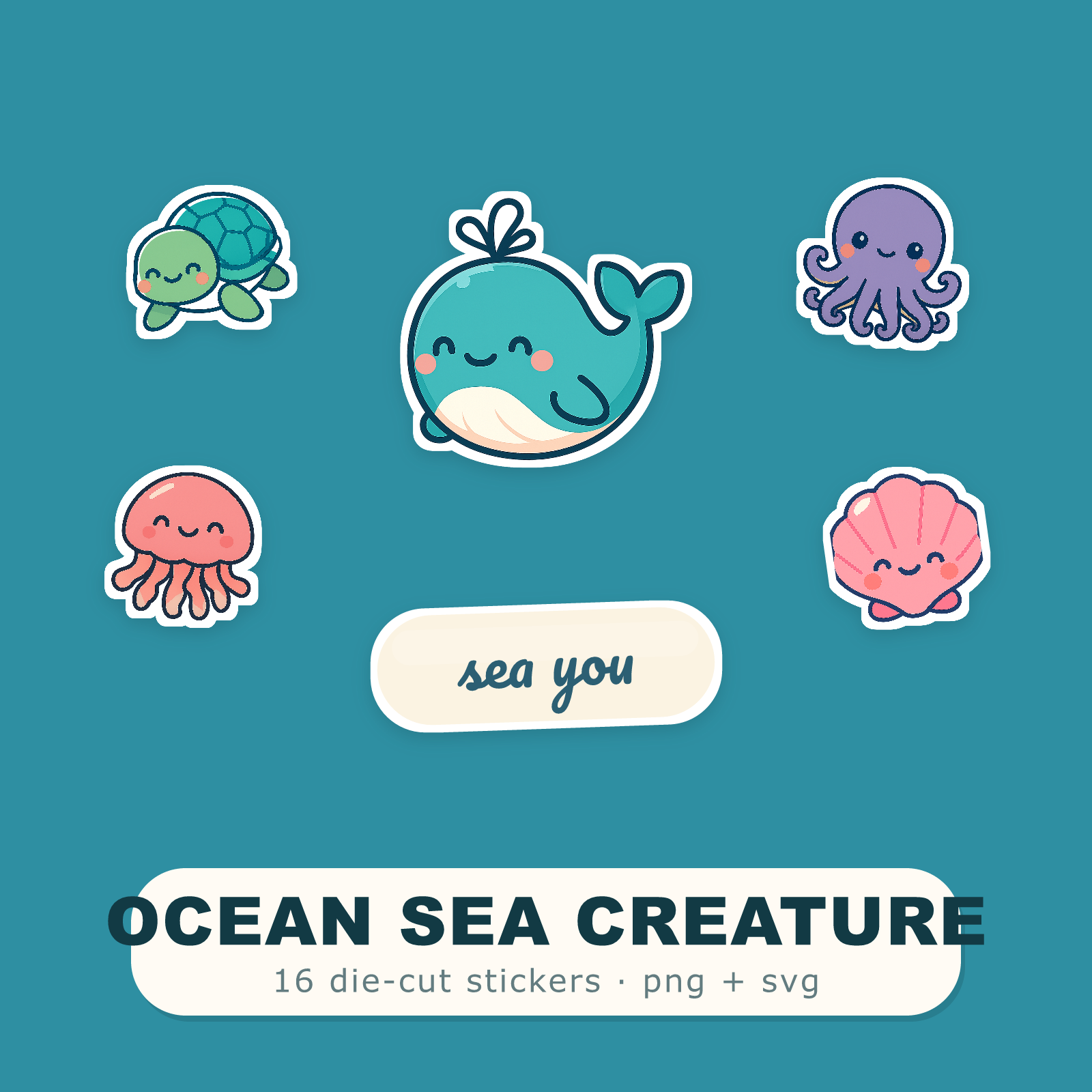 Ocean Sticker Pack — 16 Die-Cut Kawaii Whale, Sea Turtle, Octopus & Crab Stickers (PNG + SVG, Commercial Use)