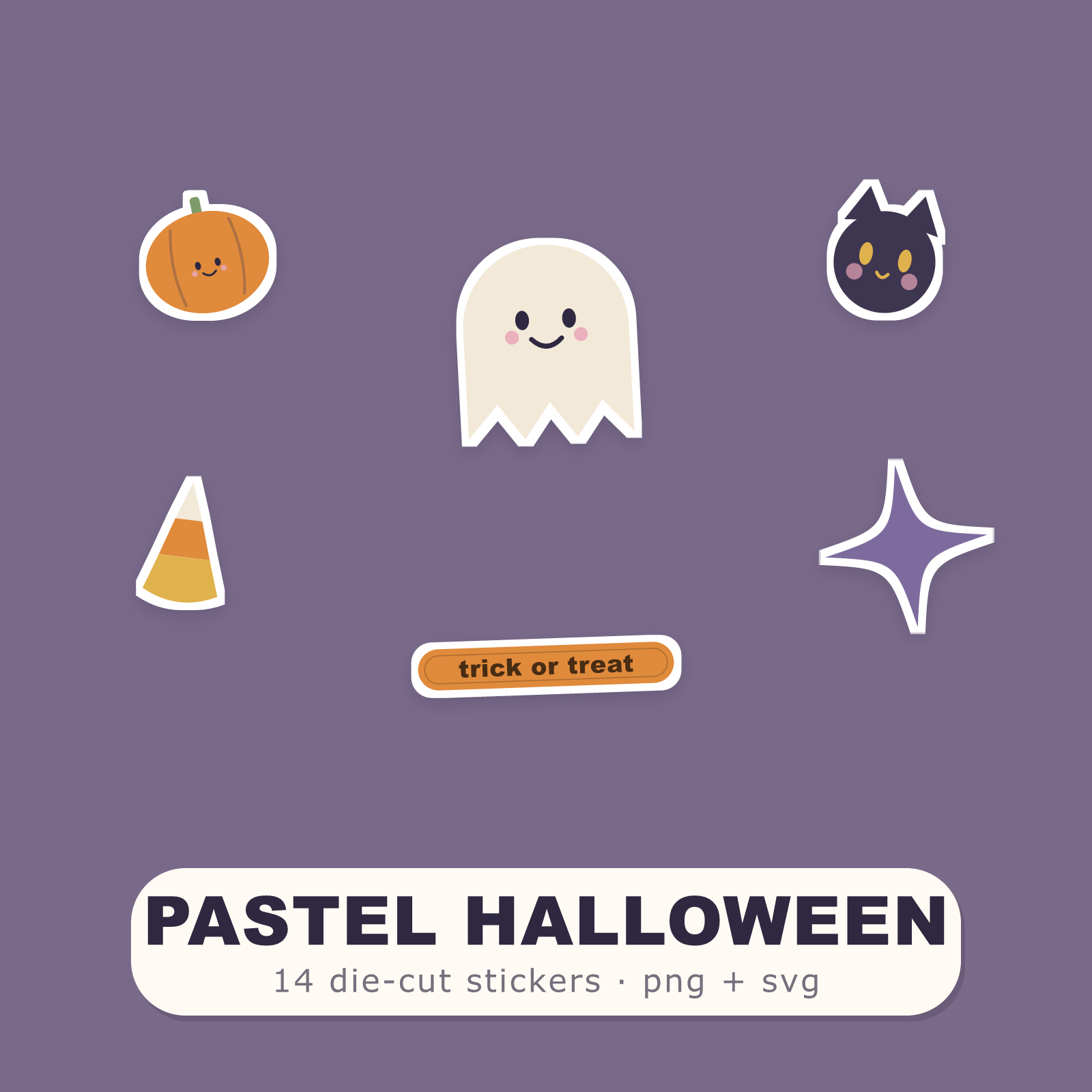 Pastel Halloween Sticker Pack — 14 Die-Cut Ghost, Pumpkin & Bat Stickers (PNG + SVG, Commercial Use)