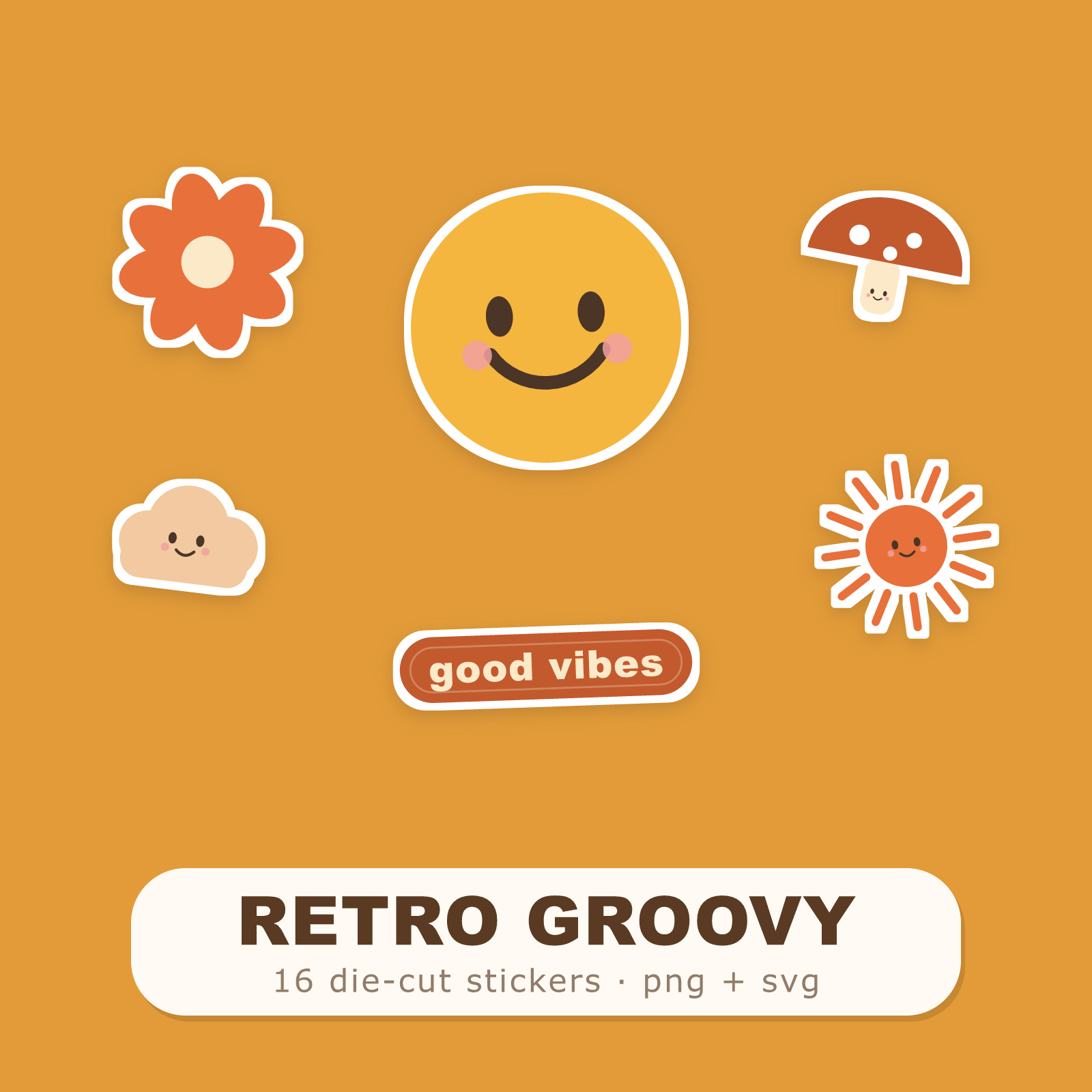 Retro Groovy Sticker Pack — 16 Die-Cut Smiley, Daisy & Rainbow Stickers (PNG + SVG, Commercial Use)
