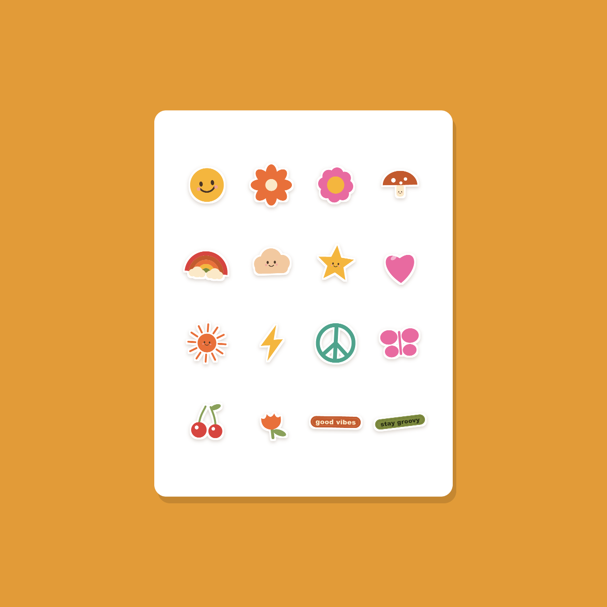 Retro Groovy Sticker Pack — 16 Die-Cut Smiley, Daisy & Rainbow Stickers (PNG + SVG, Commercial Use) preview 3