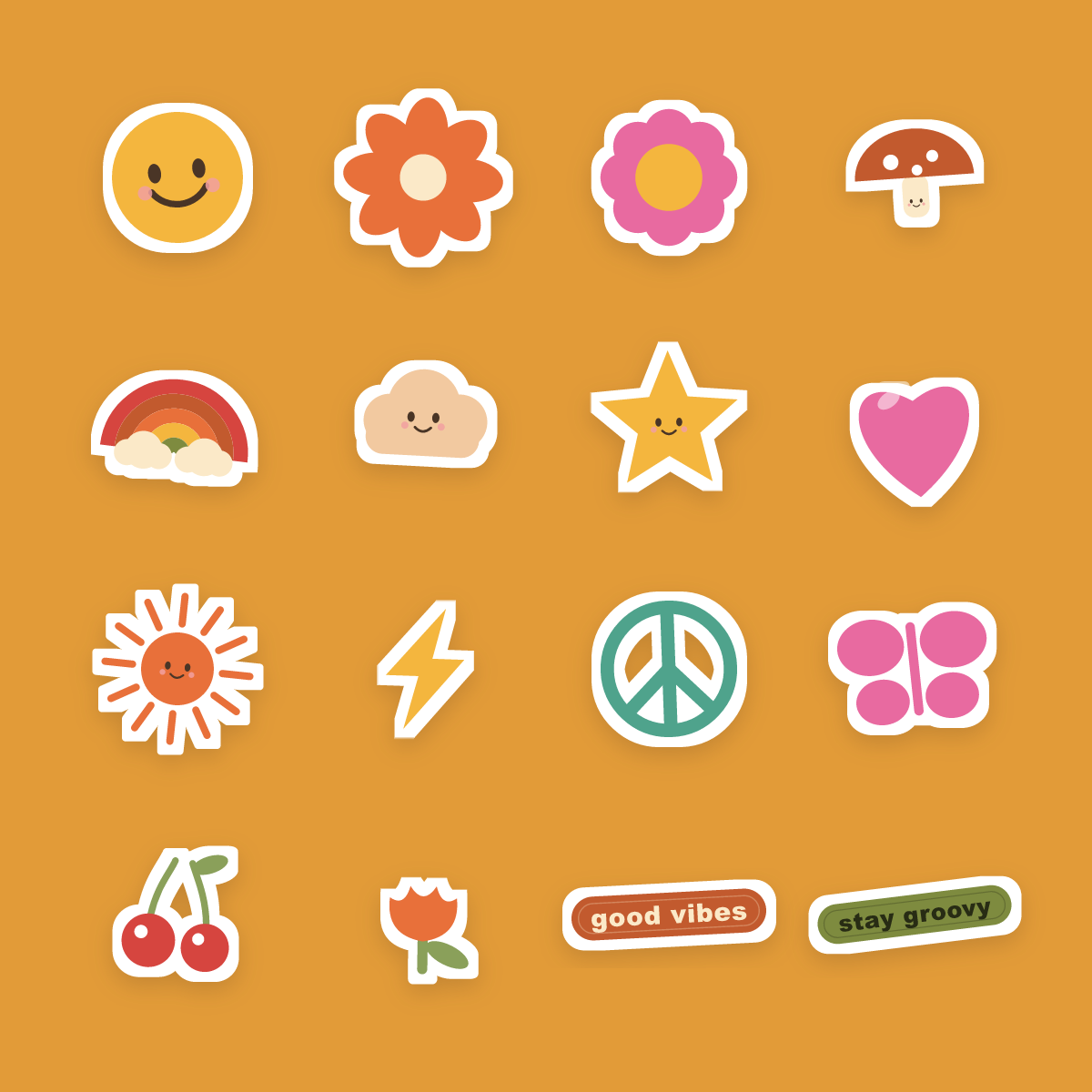 Retro Groovy Sticker Pack — 16 Die-Cut Smiley, Daisy & Rainbow Stickers (PNG + SVG, Commercial Use) preview 4