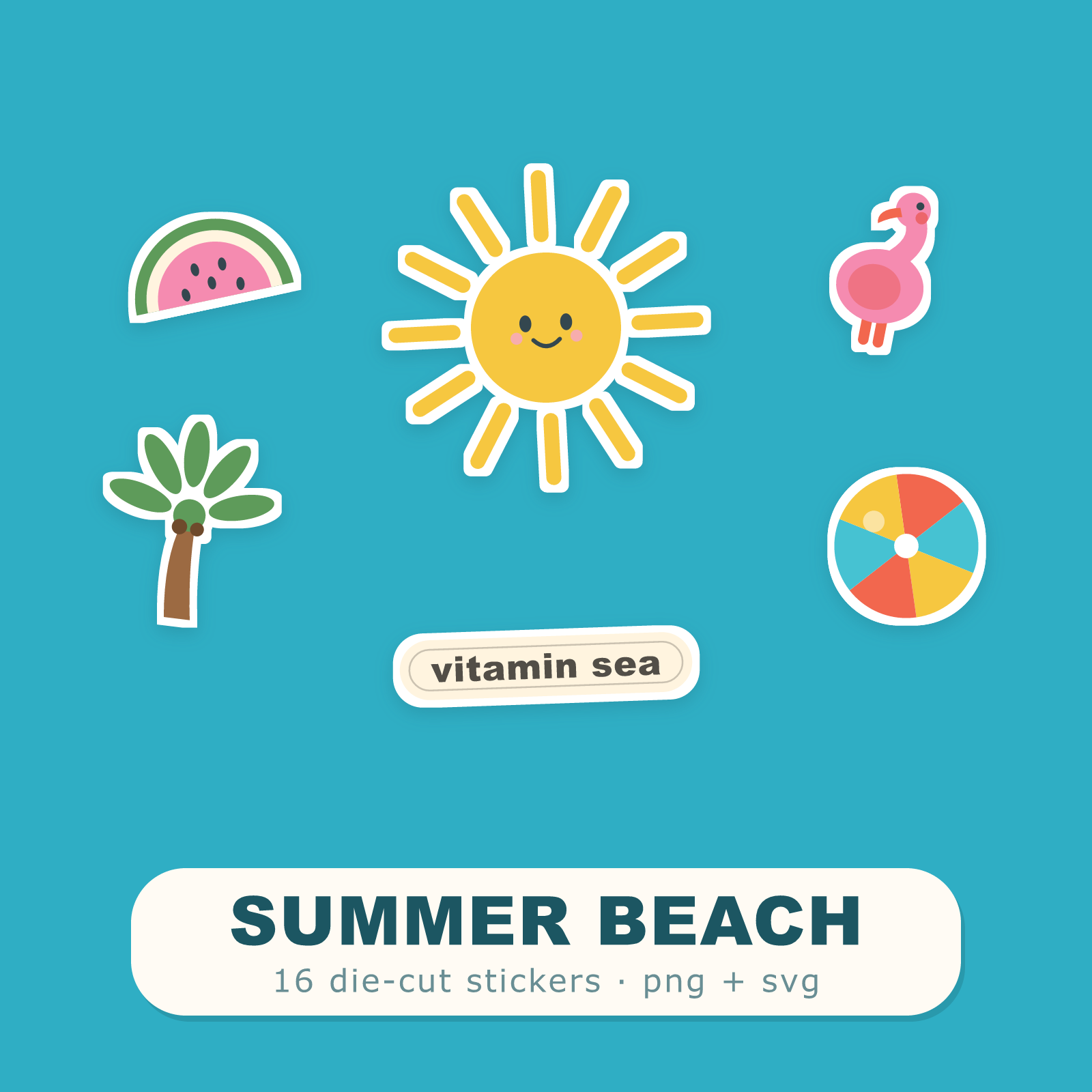 Summer Beach Sticker Pack — 16 Die-Cut Watermelon, Flamingo, Palm & Pineapple Stickers (PNG + SVG, Commercial Use)