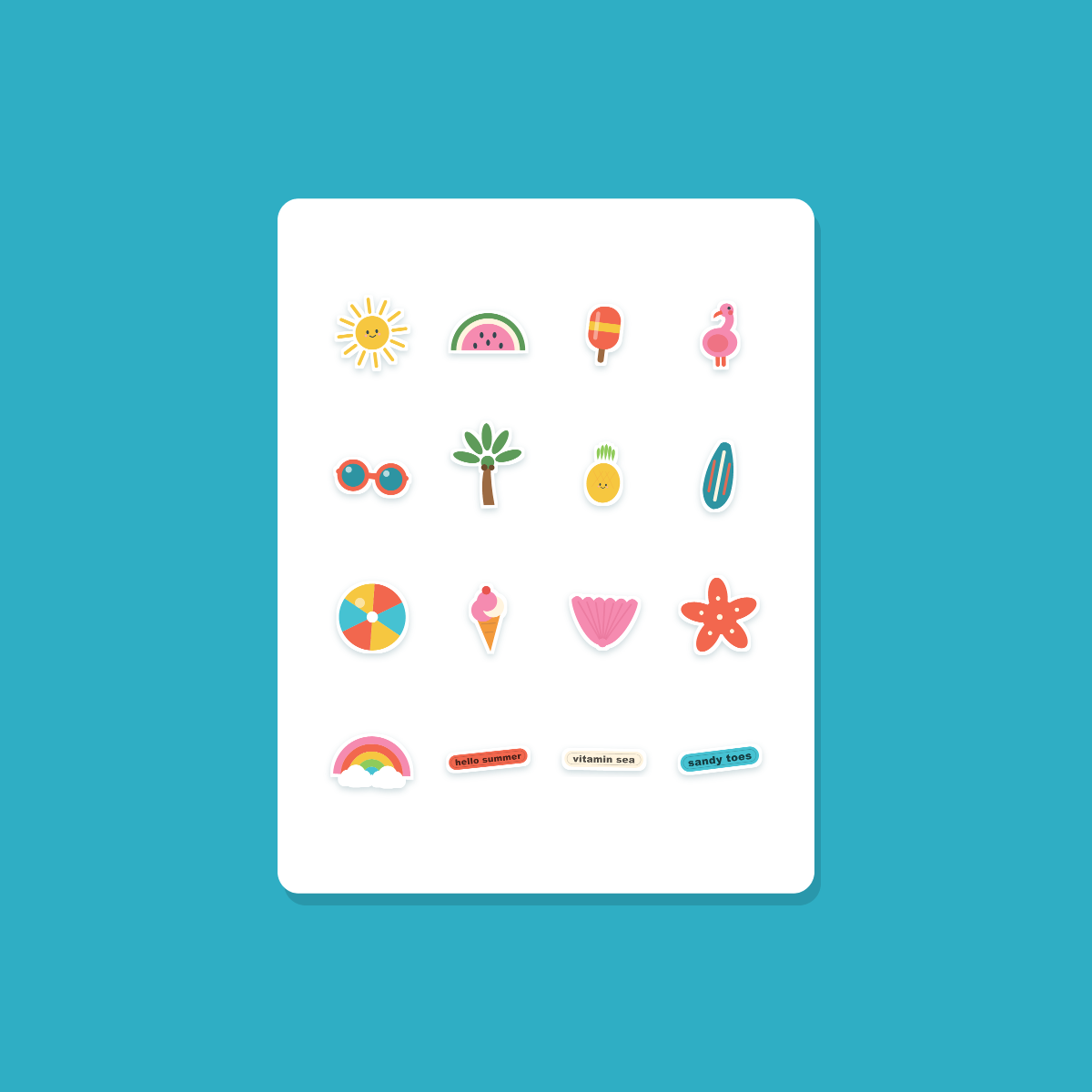 Summer Beach Sticker Pack — 16 Die-Cut Watermelon, Flamingo, Palm & Pineapple Stickers (PNG + SVG, Commercial Use) preview 3