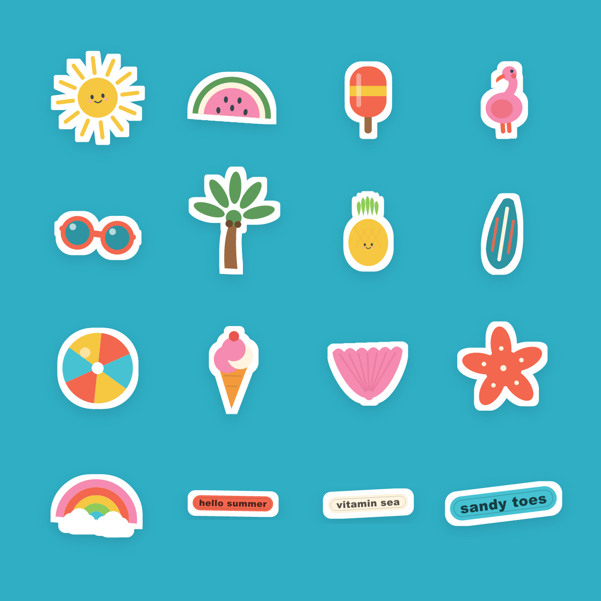 Summer Beach Sticker Pack — 16 Die-Cut Watermelon, Flamingo, Palm & Pineapple Stickers (PNG + SVG, Commercial Use) preview 4