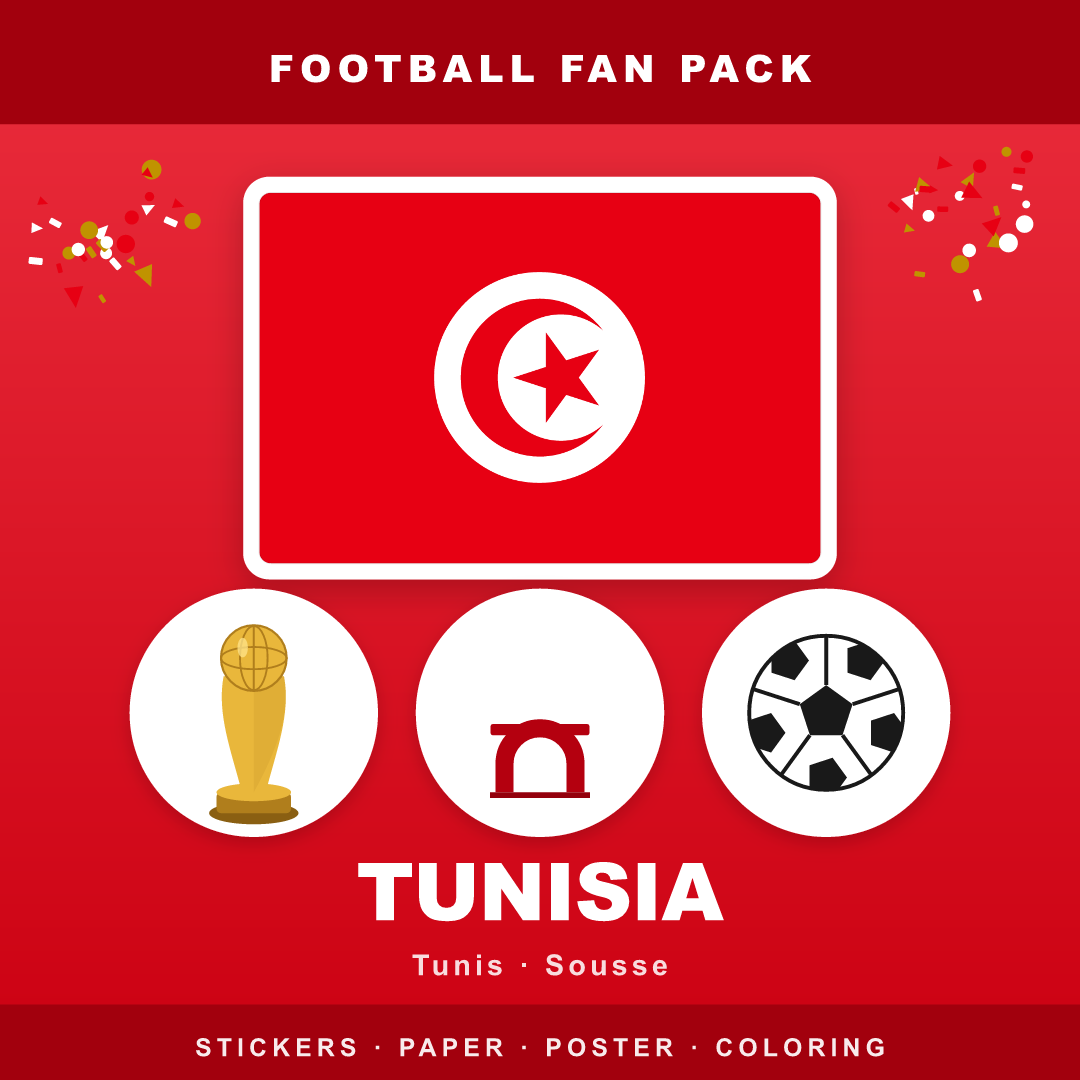 Tunisia Football Fan Pack — Stickers, Digital Paper, Poster & Coloring Page